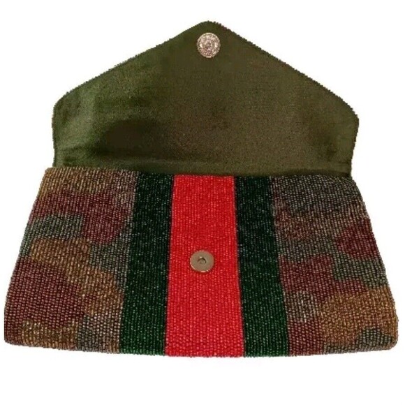 Tiana Beaded Bee Clutch Gold Red Green Stripe Camo Design  Snap Closure 10" x 6" - Picture 3 of 15